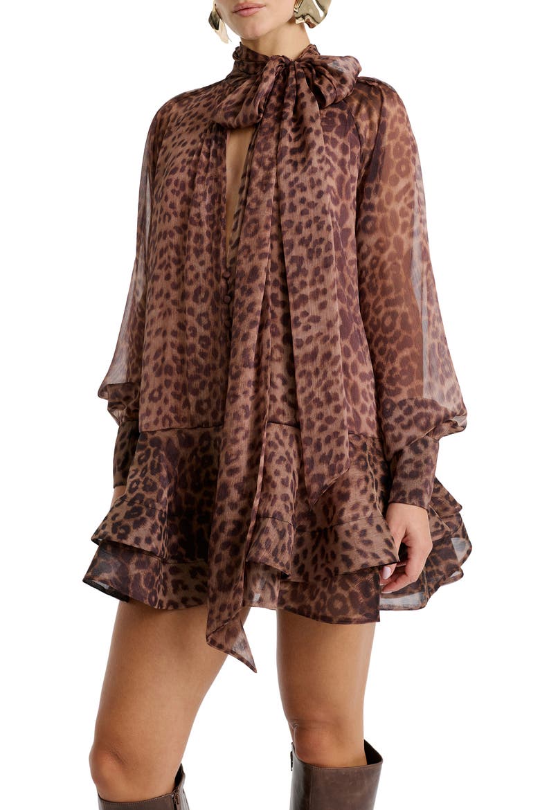 Adrie Long Sleeve Babydoll Minidress, Alternate, color, LEOPARD