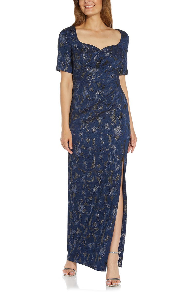 Adrianna Papell Draped Metallic Jacquard Gown, Main, color, 
