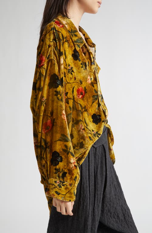 R13 Drop Neck Oversize Floral Velvet Button-up Shirt In Yellow