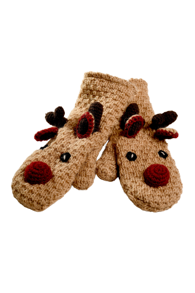Crochet Reindeer Mittens, Main, color, Brown