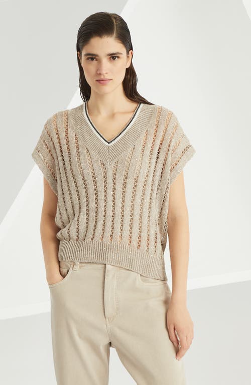Brunello Cucinelli Women Dazzling Ribbed Net Knitted T-shirt In Linen In Cool Beige