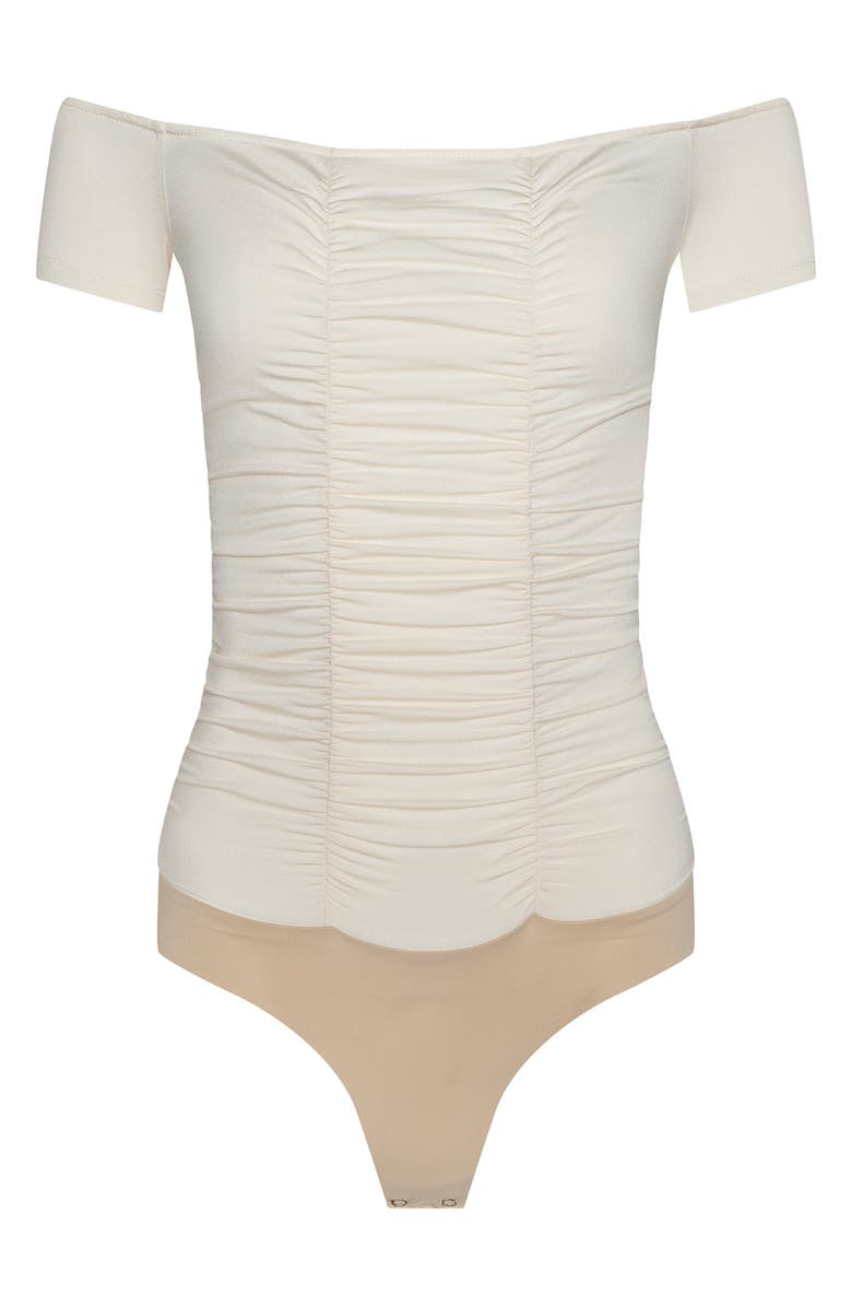 L'AGENCE Baleigh Off the Shoulder Ruched Bodysuit, Alternate, color, Vintage White