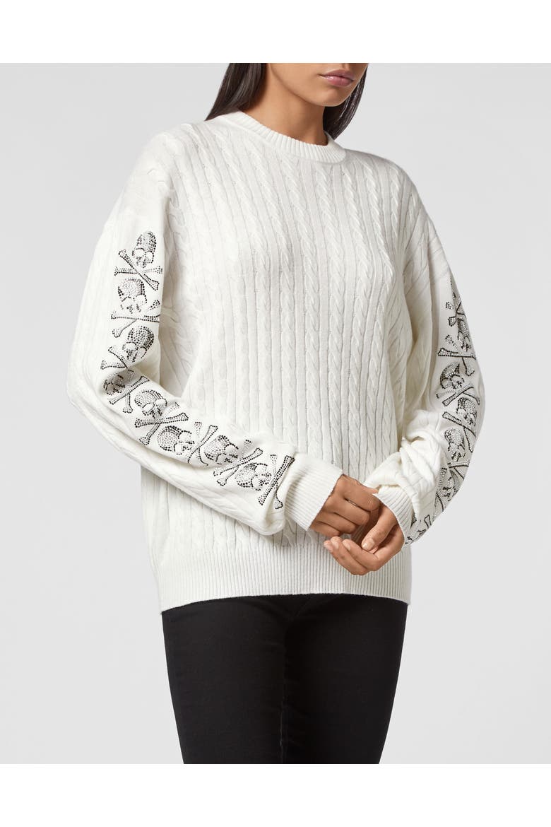 Cash Five Pullover Round Neck Ls Cable Crystal Skull Women, Main, color, Cream