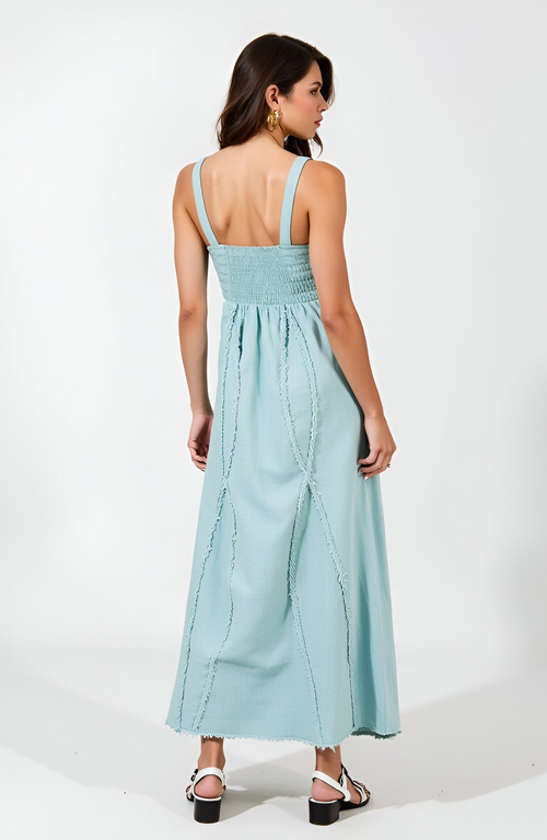 Modenaire Sleeveless Maxi Dress With Textured Trim And Flowing Silhouette In Blue