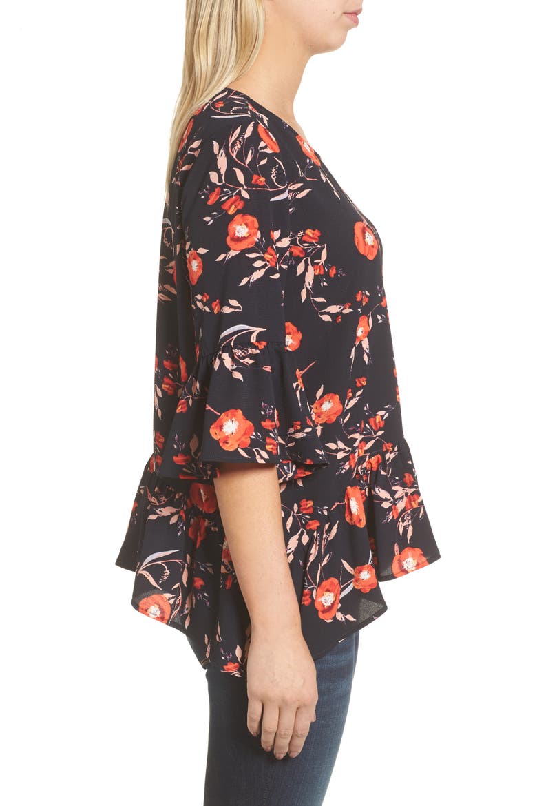 Gibson Ruffled Handkerchief Hem Top, Alternate, color, NAVY/ FLORAL PRINT