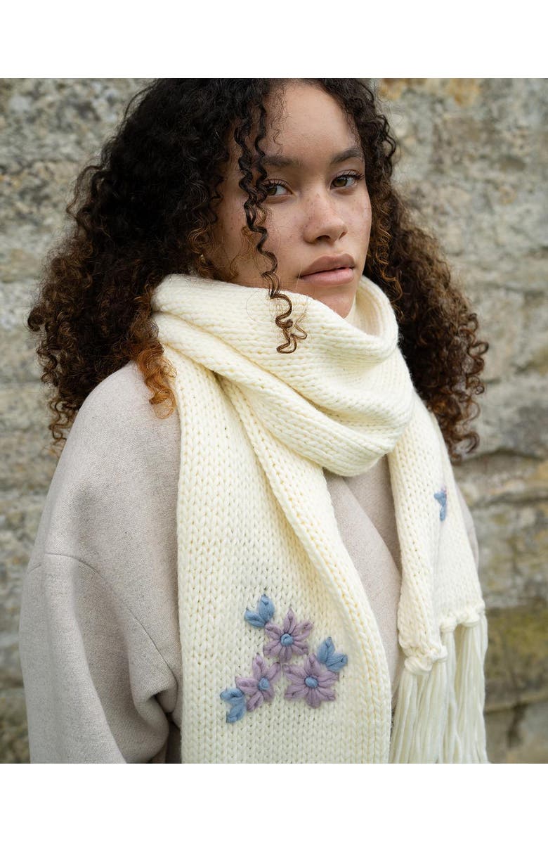 Fable England Forget-Me-Not Knitted Scarf, Alternate, color, Cream