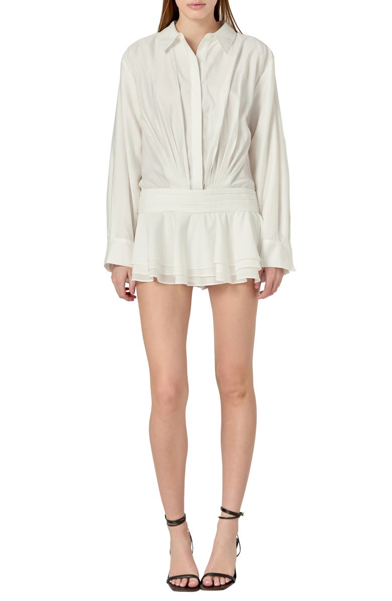 English Factory Ruffled Long Sleeve Micro-Mini Romper, Main, color, Off White