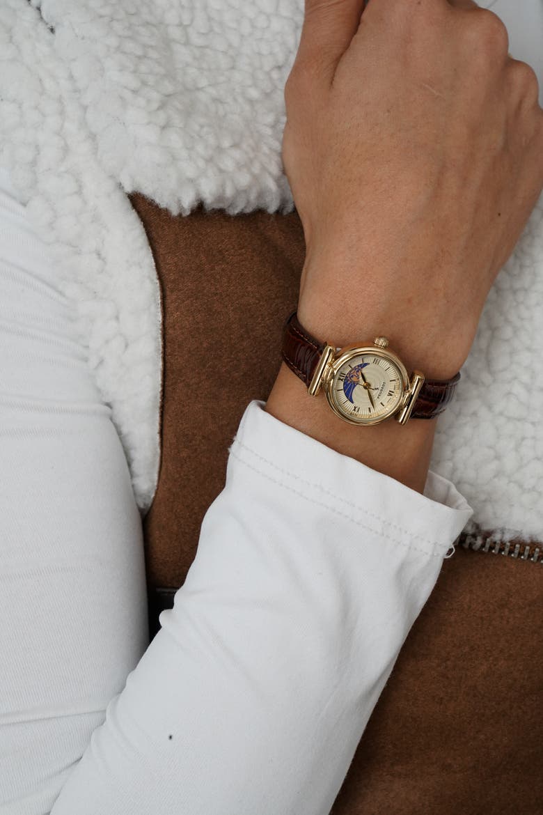 Petite Sun Moon Glossy Leather Watch- 25MM, Alternate, color, Champagne