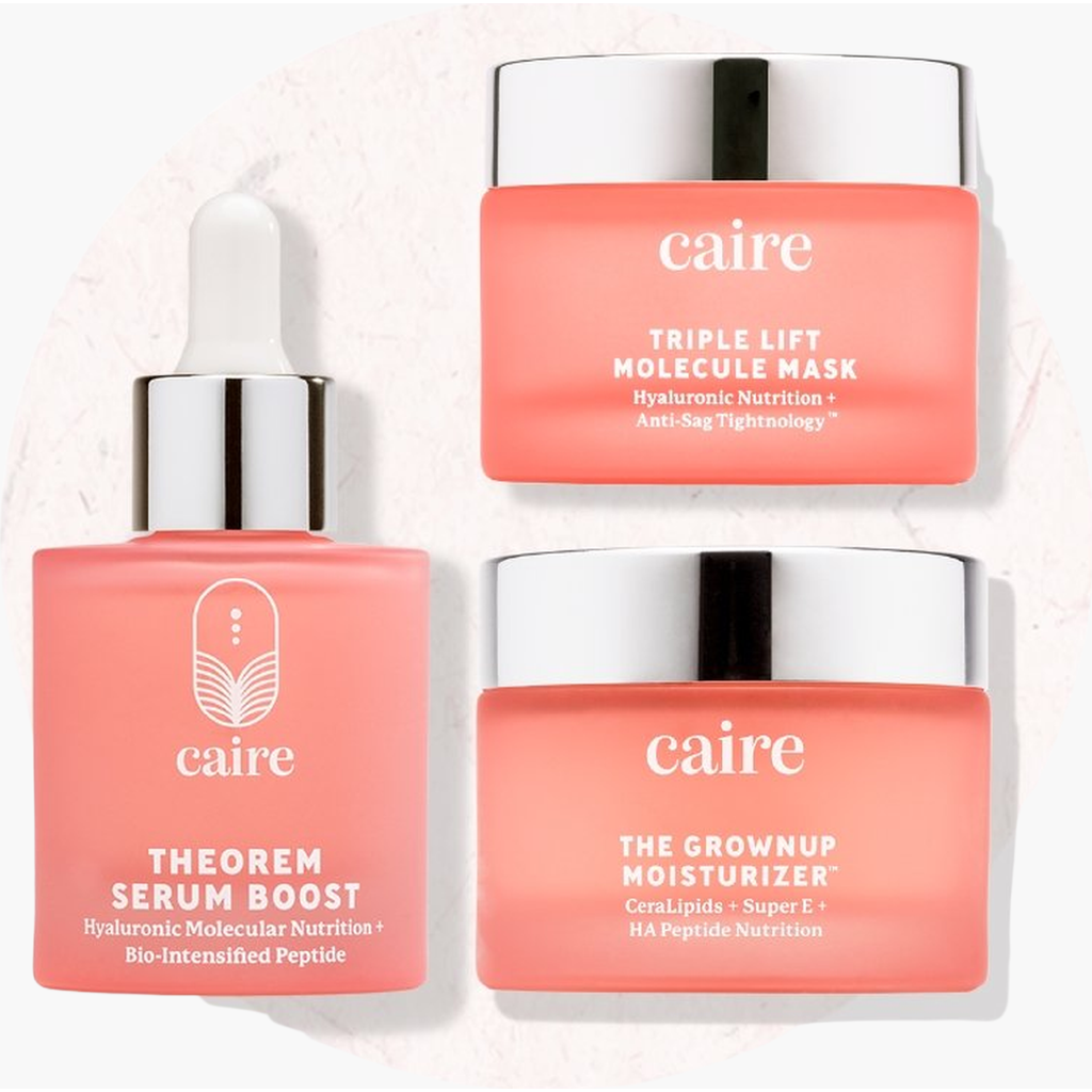 Caire Beauty Full Trio Skincare Set Theorem Serum Boost, Triple Lift Molecule Mask, Grownup Moisturi In Coral Pink