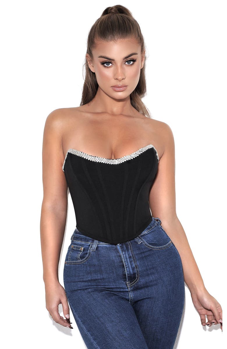 Miss Circle Melanie Corset Top With Crystal Trim, Main, color, Black