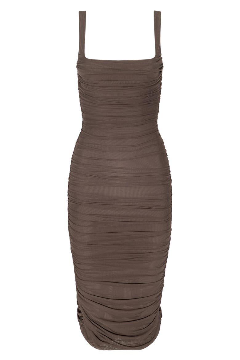Anya Shirred Midi Dress, Alternate, color, DARK CARDAMOM