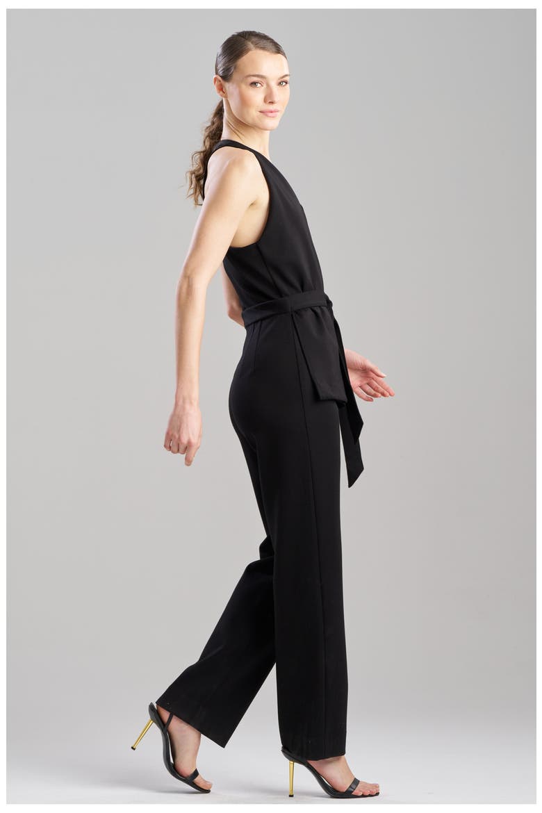Double Knit Belted V Neck Jumpsuit, Alternate, color, BLACK