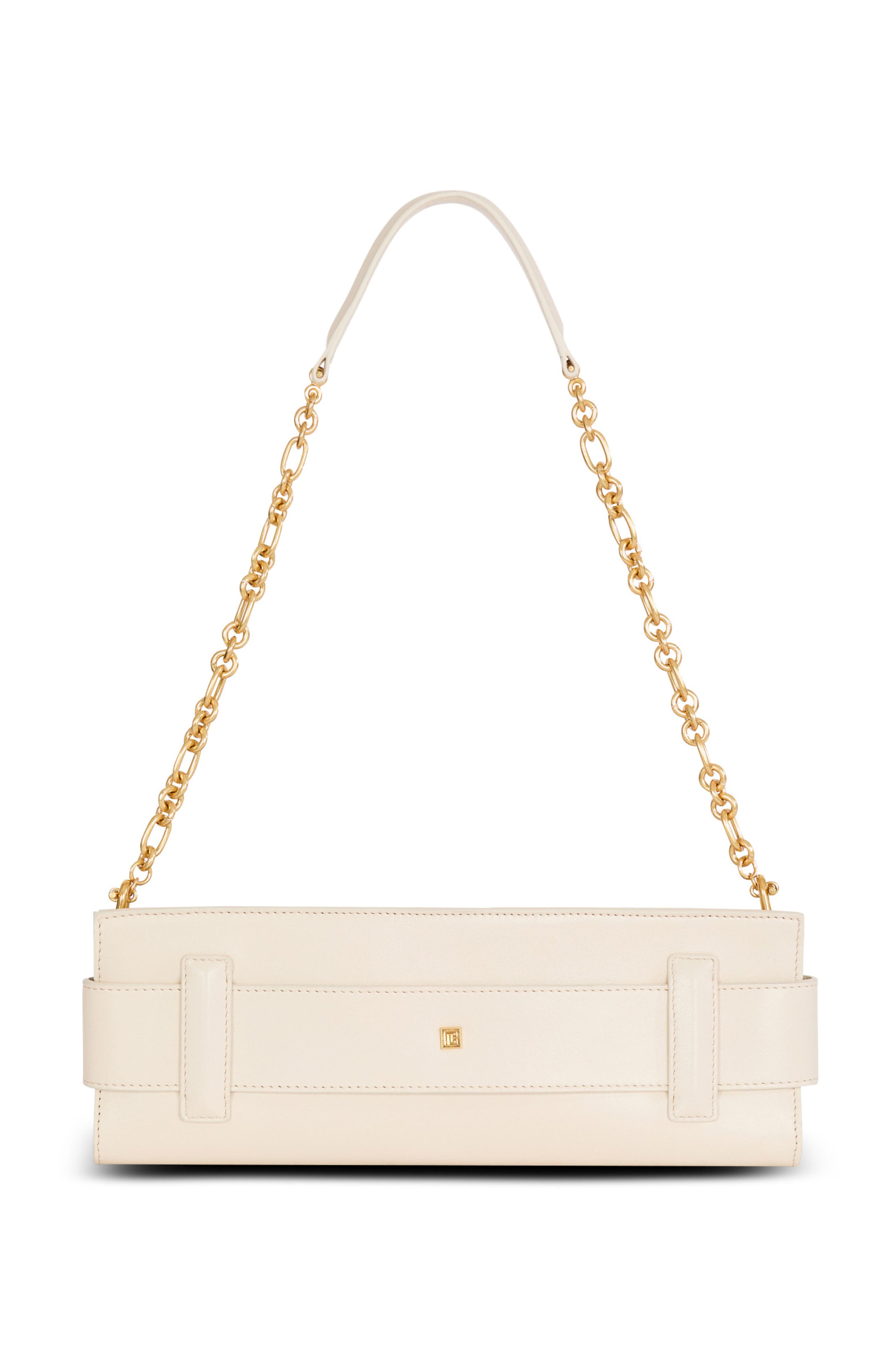 Balmain Anthem lambskin and enamel clutch, Alternate, color, Beige