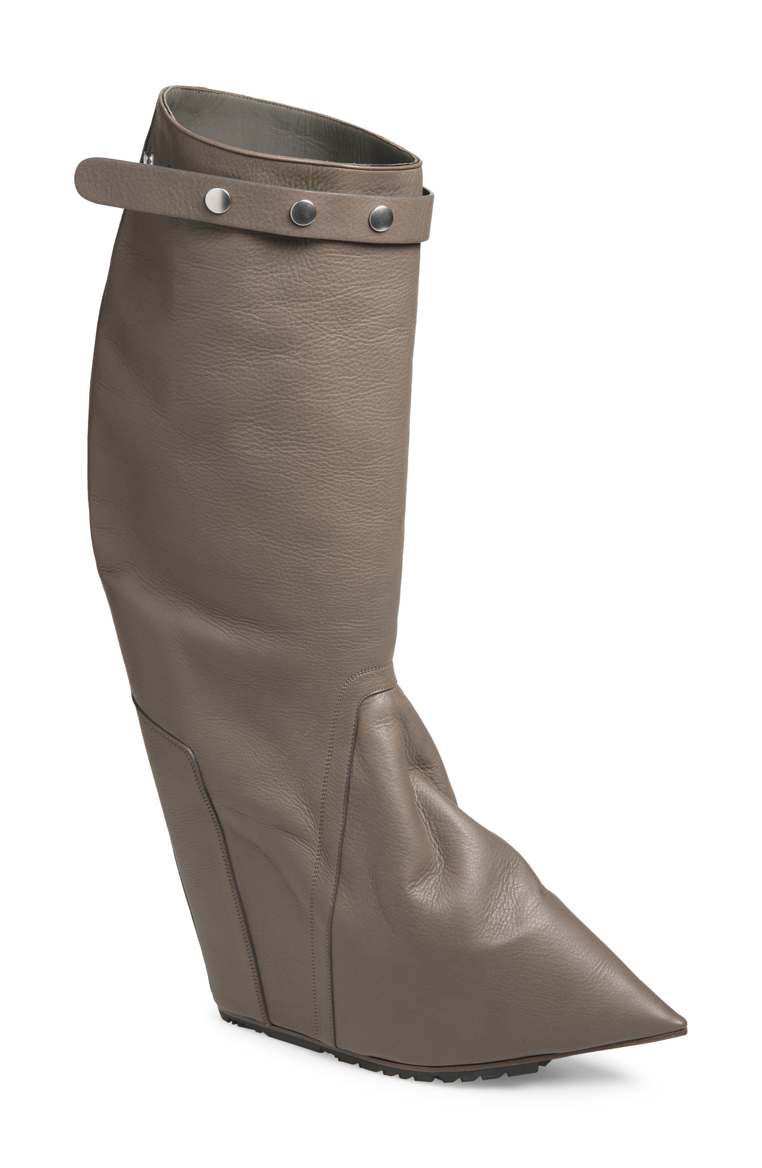 Taconaska Pointed Toe Leather Wedge Knee High Boot, Main, color, DUST