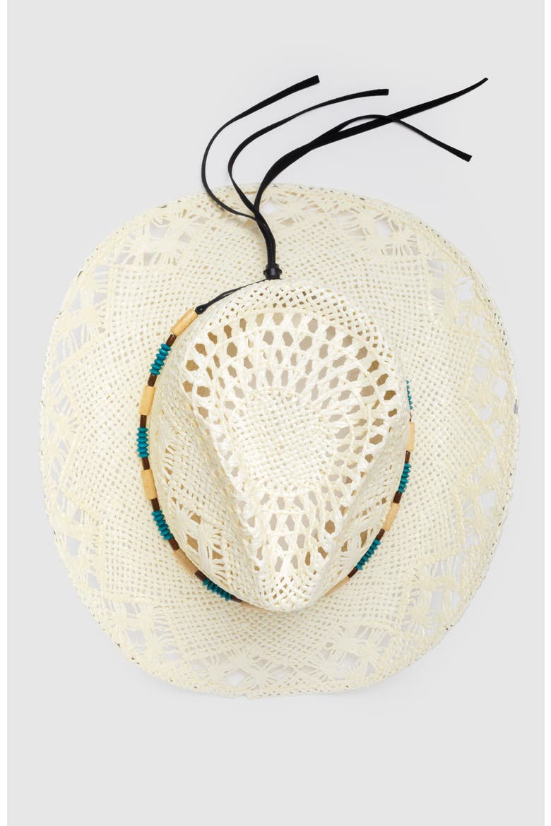 Twister Star  Handwoven Straw Sun Hat - Bohemian Summer Cowboy Hat, Alternate, color, White  / Turquoise