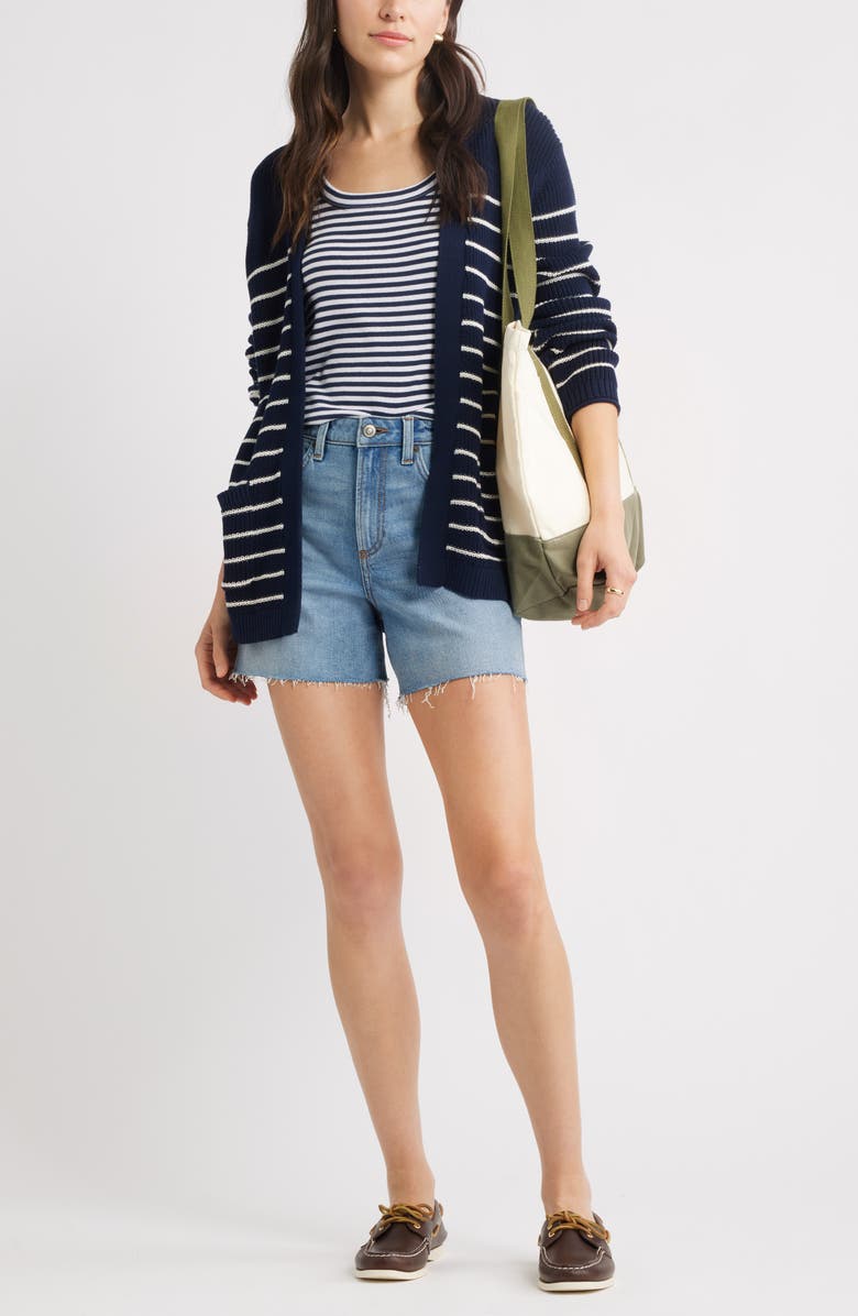 Caslon<sup>®</sup> Shaker Stitch Pima Cotton Cardigan, Alternate, color, Navy Blazer- Ivory Jana Stripe