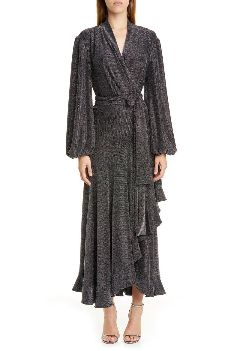 Metallic Mesh Long Sleeve Wrap Gown, Main, color, PEWTER
