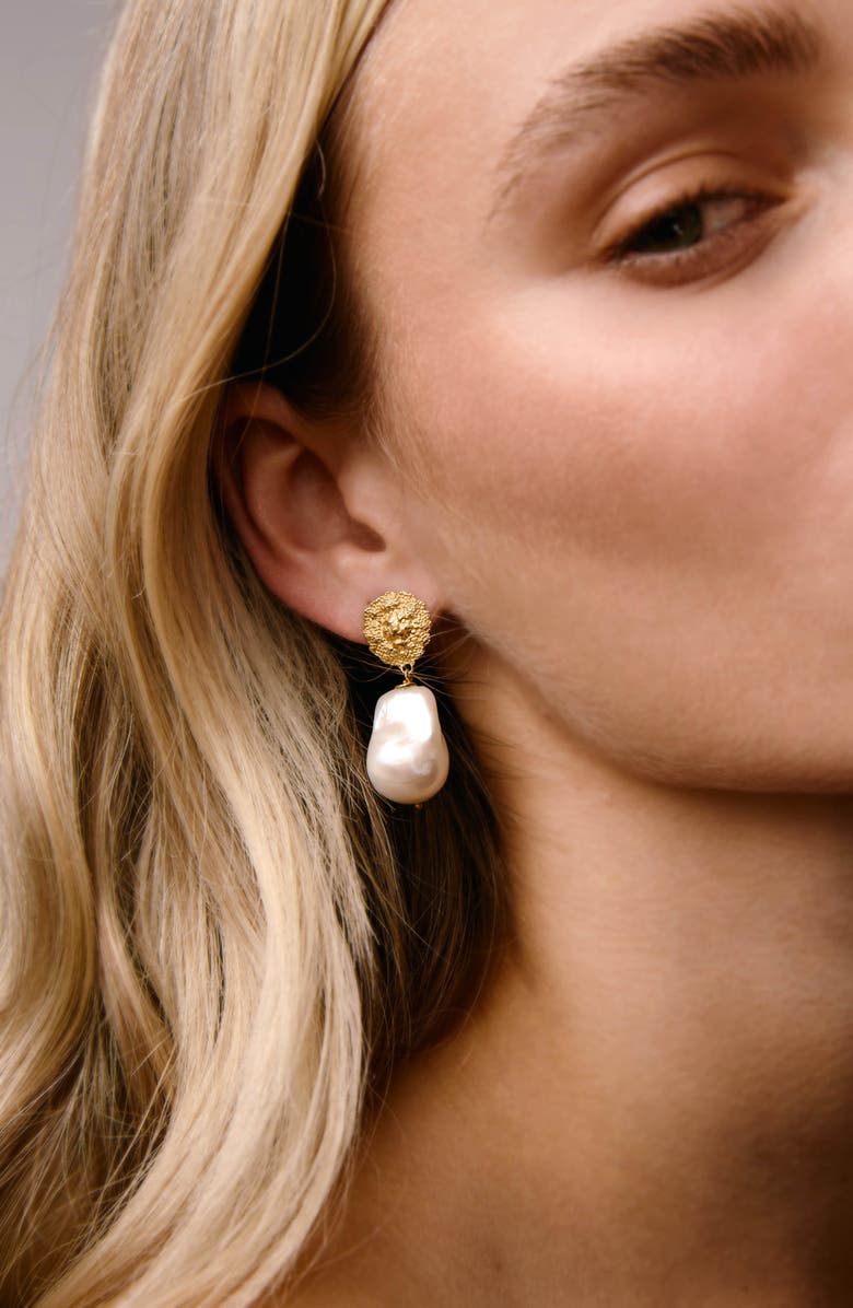Freya Rose Lion Pearl Drop Earrings, Alternate, color, Gold