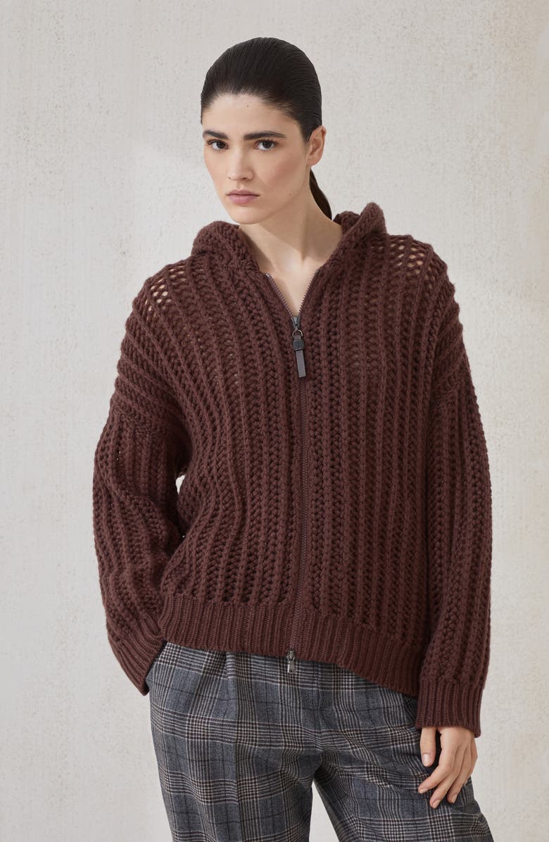 Brunello Cucinelli Ribbed openwork cardigan, Alternate, color, Brown