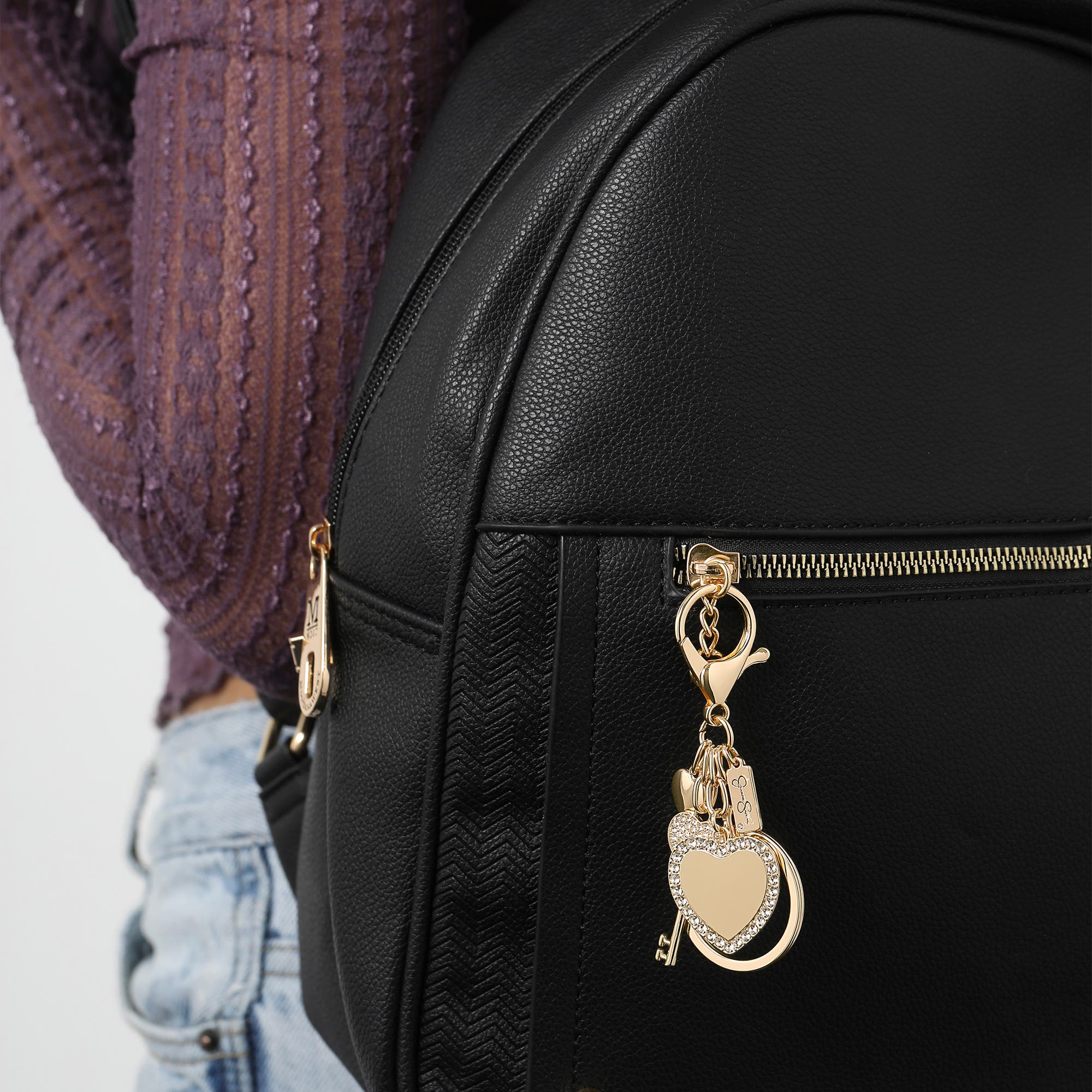 Jessica Simpson Heart & Key Charm Rhinestone Keychain, Alternate, color, Rose Gold, Silver