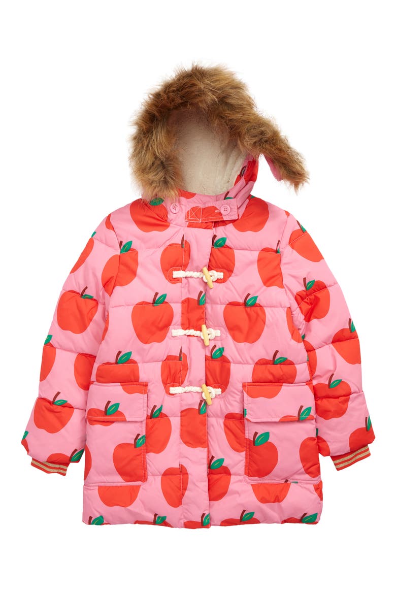 Kids' Waterproof Faux Fur Trim Longline Puffer Jacket, Main, color, BRIGHT PINK PETAL APPLES