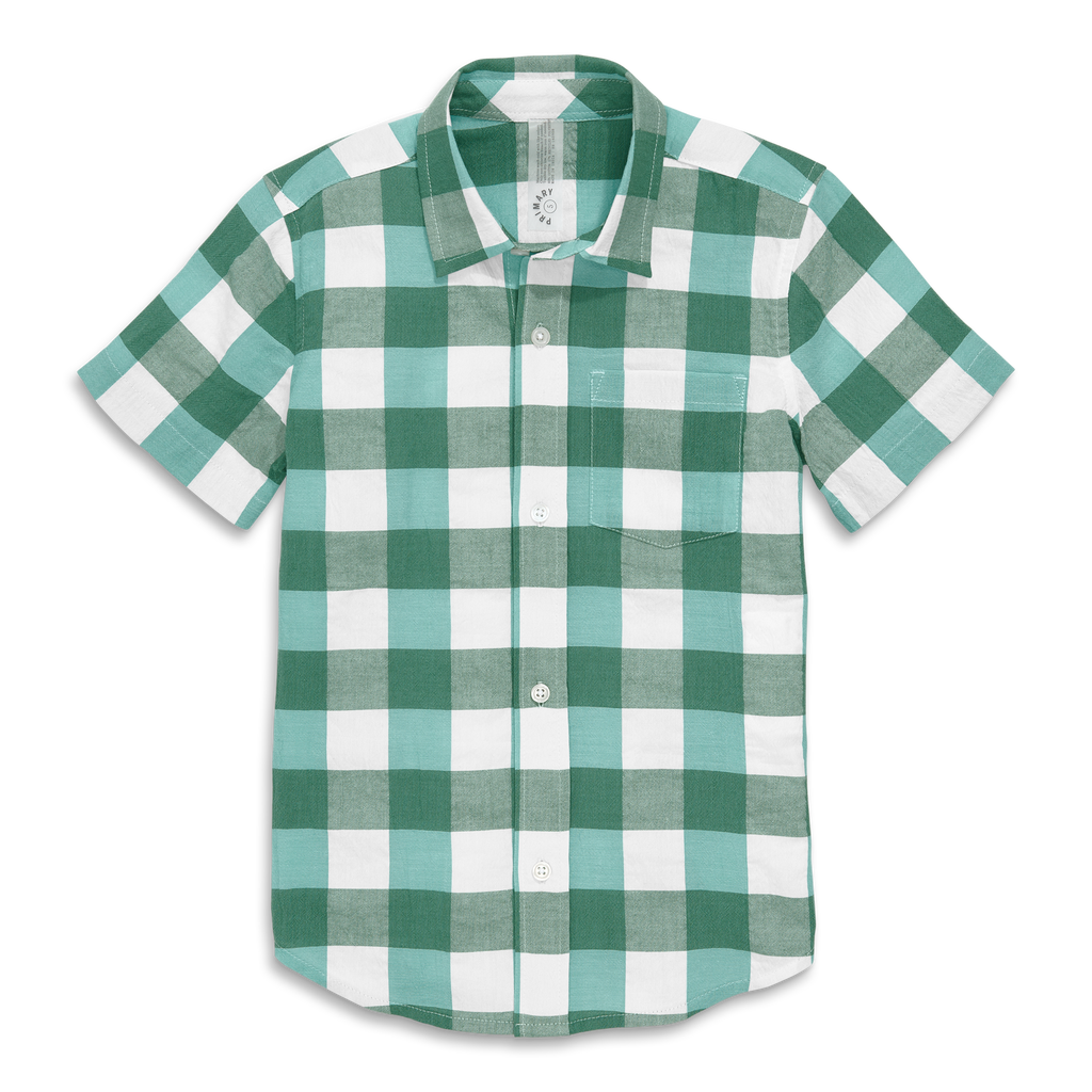 Primary Kids Short Sleeve Button Down In Gingham In Chive Sunwashed Teal Gingham