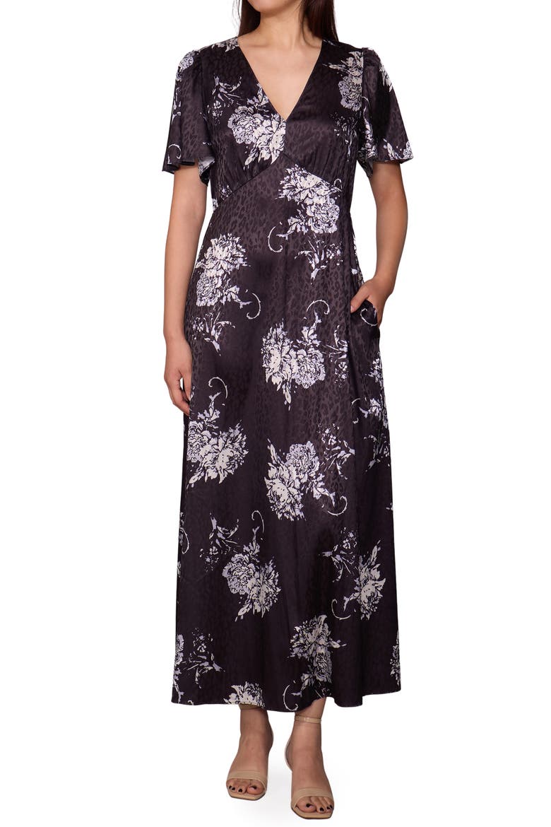Empire Waist Satin Maxi Dress, Main, color, BLACK/ BONE FLORAL
