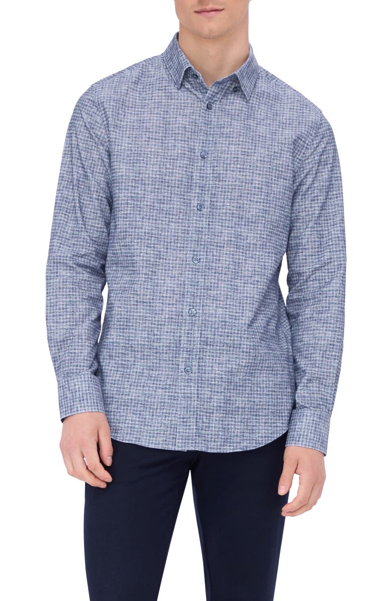 Bugatchi Karl Shaped Fit Plaid Cotton Button-Up Shirt, Main, color, Dusty Blue
