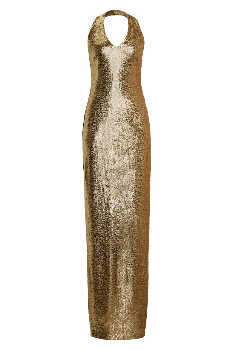 Luxe Sequin Tulle Halter Column Gown, Alternate, color, BEIGE