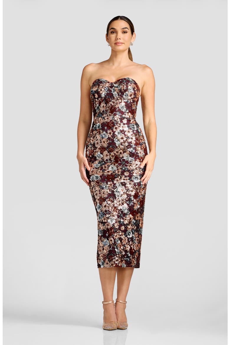 Vada Floral Sequin Strapless Midi Dress, Alternate, color, BURGUNDY MULTI