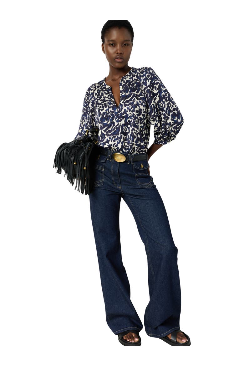 Calina Floral V-Neck Blouse, Alternate, color, Ink