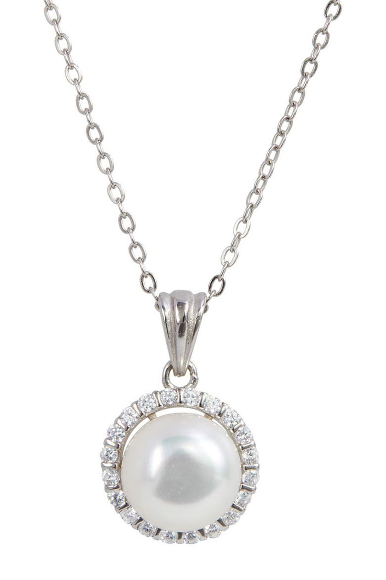 Sterling Silver Cultured Freshwater Pearl Halo Pendant Necklace, Main, color, WHITE