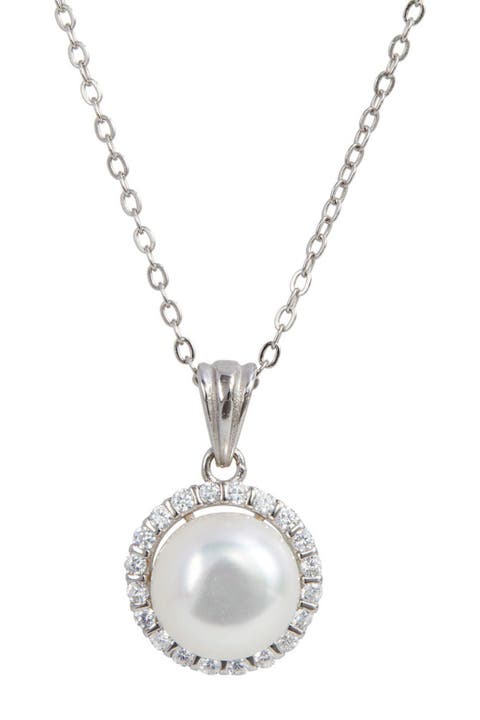 Sterling Silver Cultured Freshwater Pearl Halo Pendant Necklace