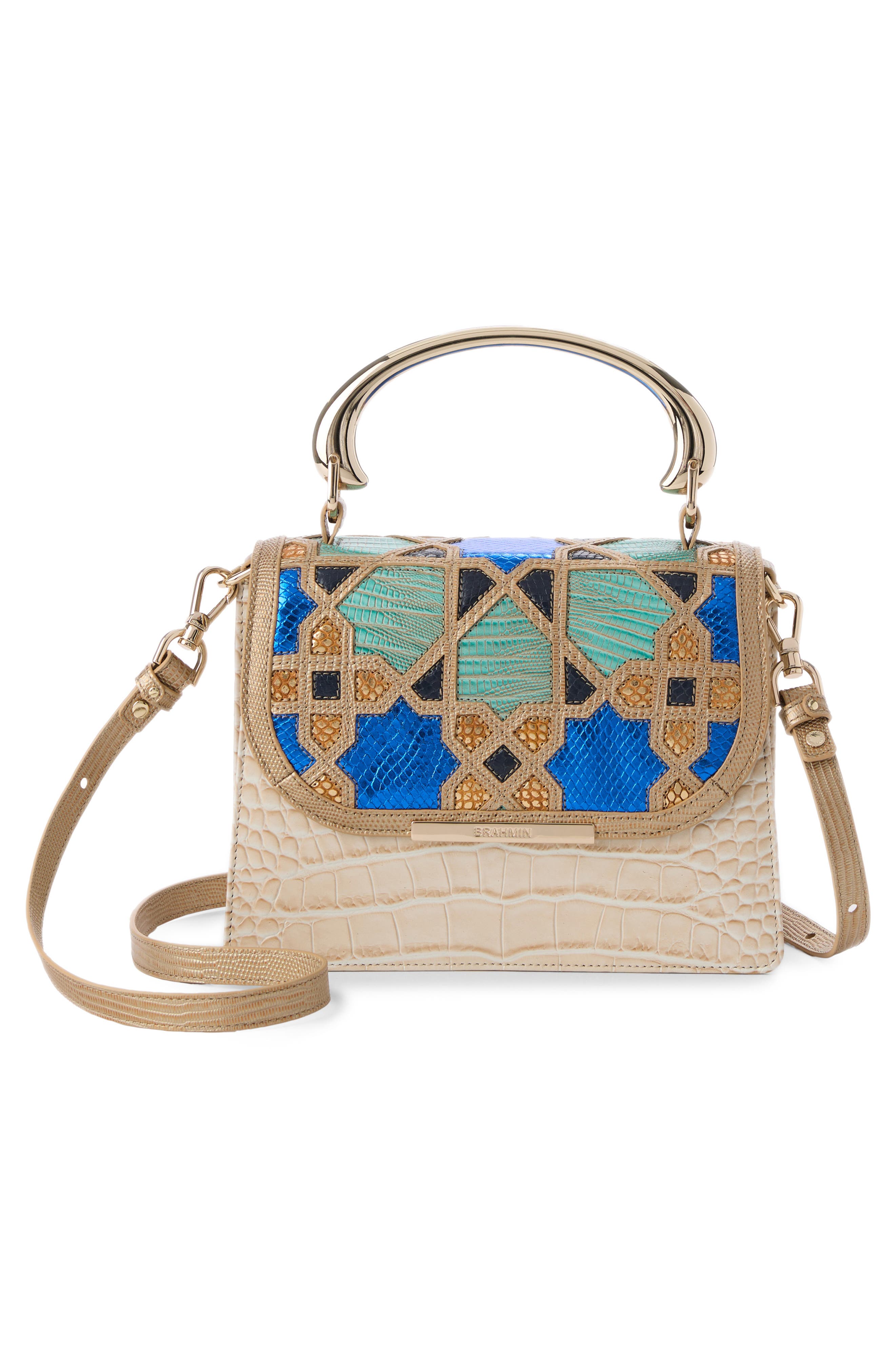 Brahmin Small Hallie Embossed Leather Top Handle Bag, Alternate, color, Ivory Multi
