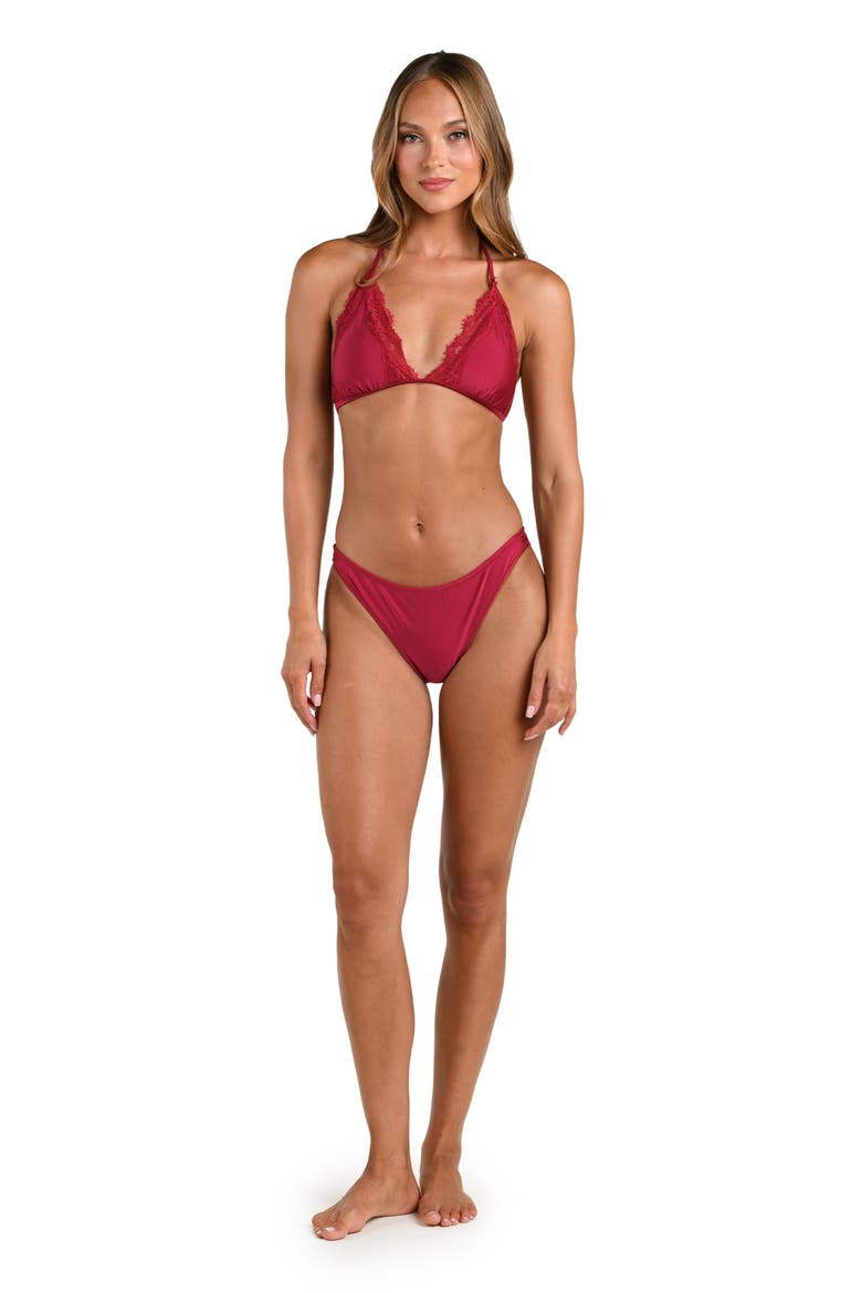 Annabelle Lace Trim Triangle Bikini Top, Alternate, color, BLACK CHERRY
