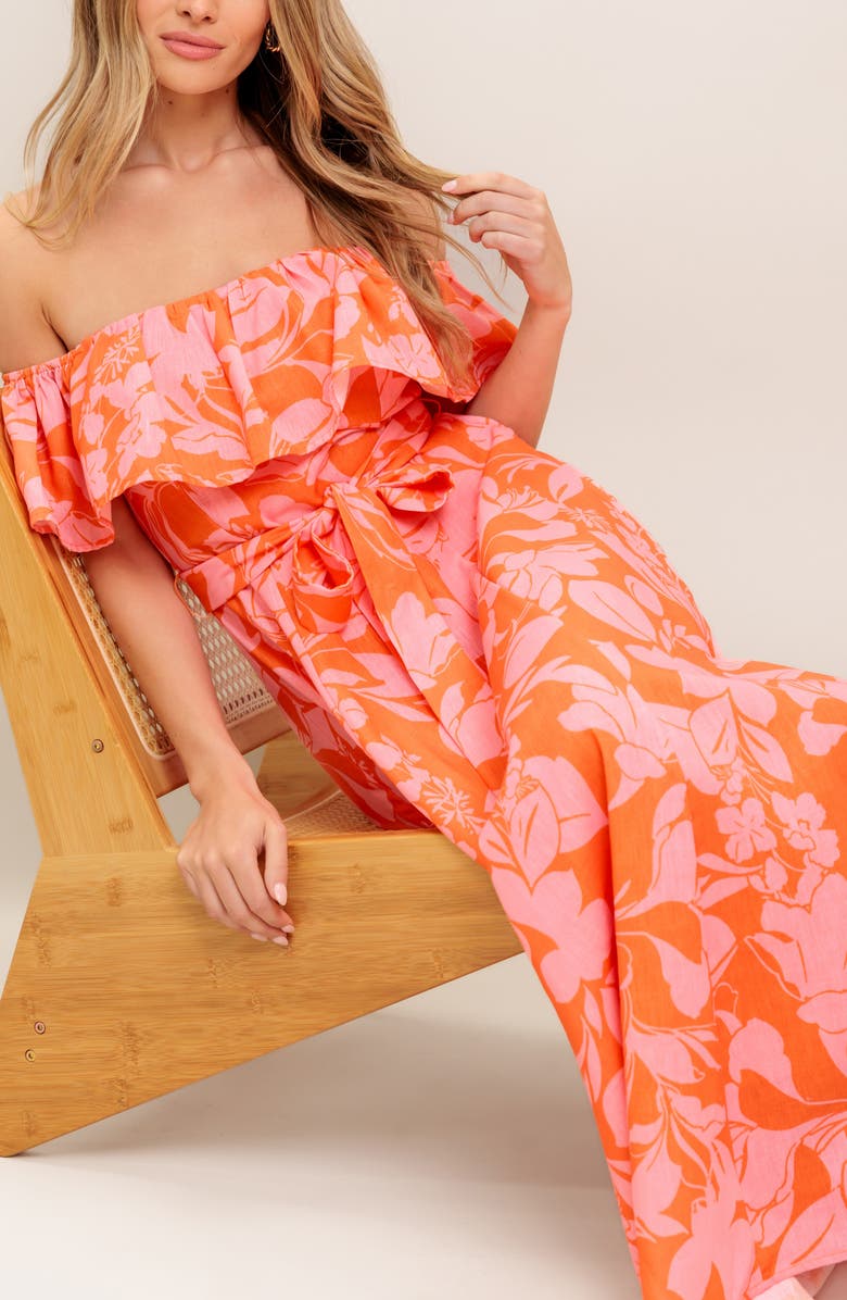 FLYING TOMATO Floral Off the Shoulder Short Sleeve Maxi Dress, Alternate, color, Orange