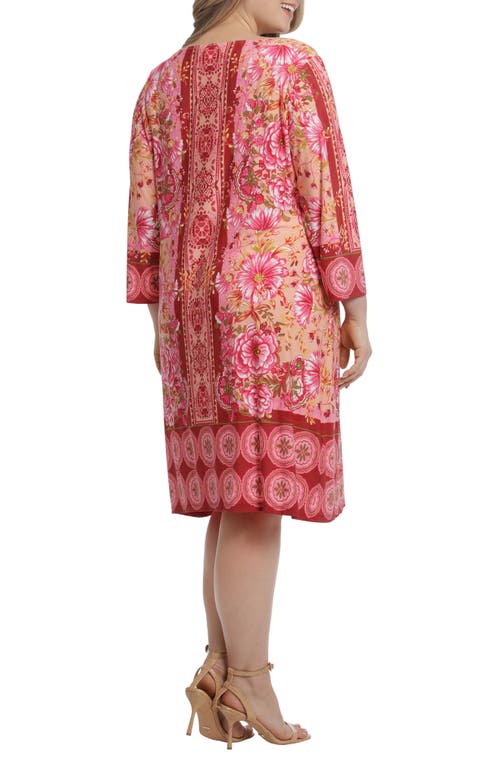 London Times Floral 3/4 Sleeve Shift Dress In Peach/pink