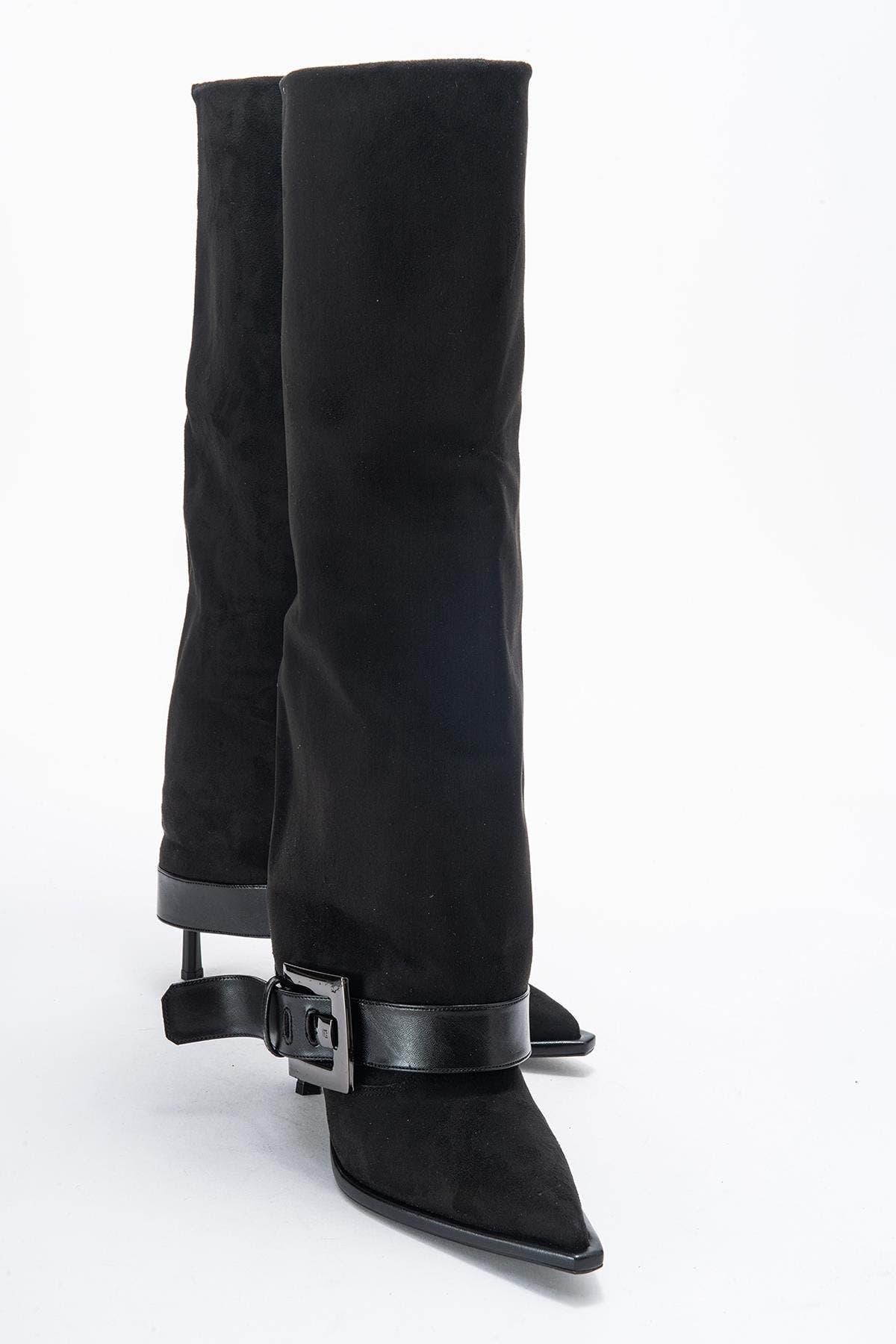 Prologue Shoes Elva Buckle Strap Knee High Boot, Alternate, color, Black Suede Faux Leather