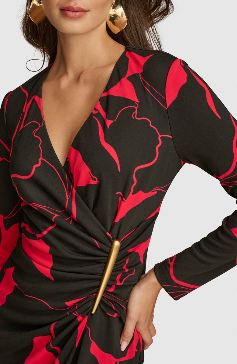 Donna Karan New York Bar Long Sleeve Faux Wrap Jersey Midi Dress, Alternate, color, Black/ Red Multi