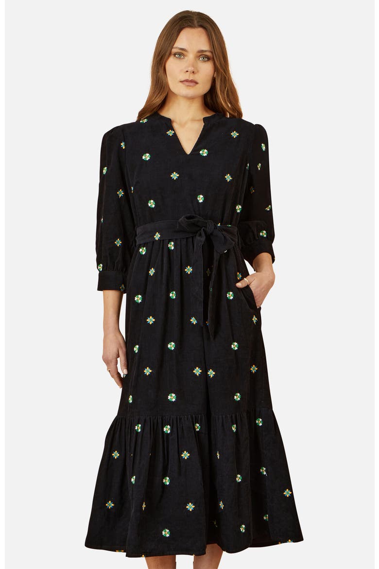 Flower Embroidery Midi Cord Dress, Alternate, color, Black