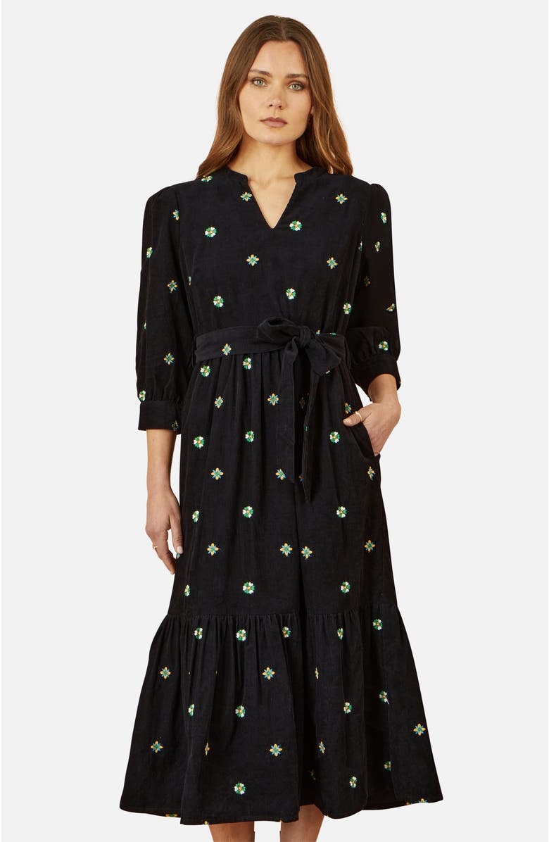Yumi Flower Embroidery Midi Cord Dress, Alternate, color, Black