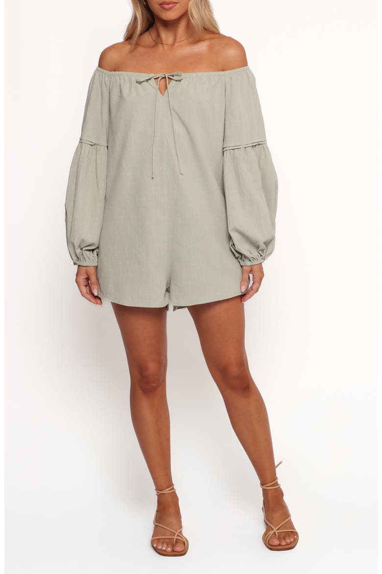 Anette Off the Shoulder Long Sleeve Cotton Romper, Main, color, SAGE