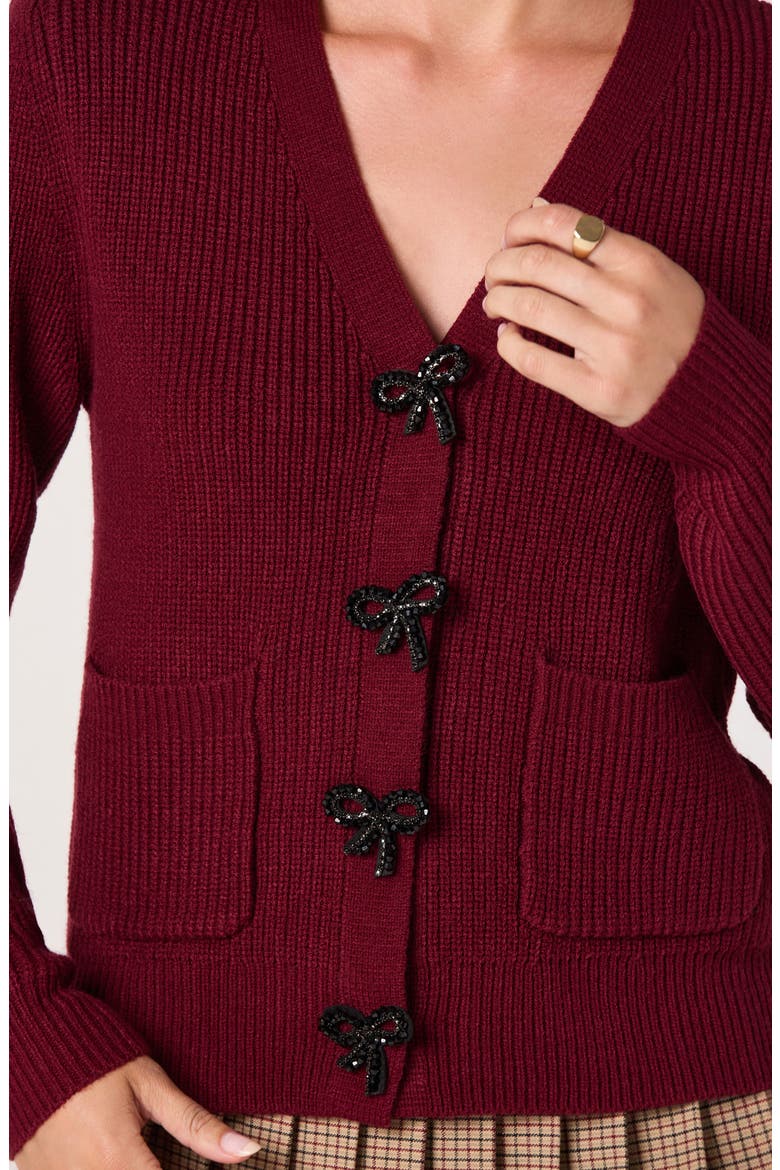 Crystal Embellished Bow Detail Cardigan, Alternate, color, BURGUNDY