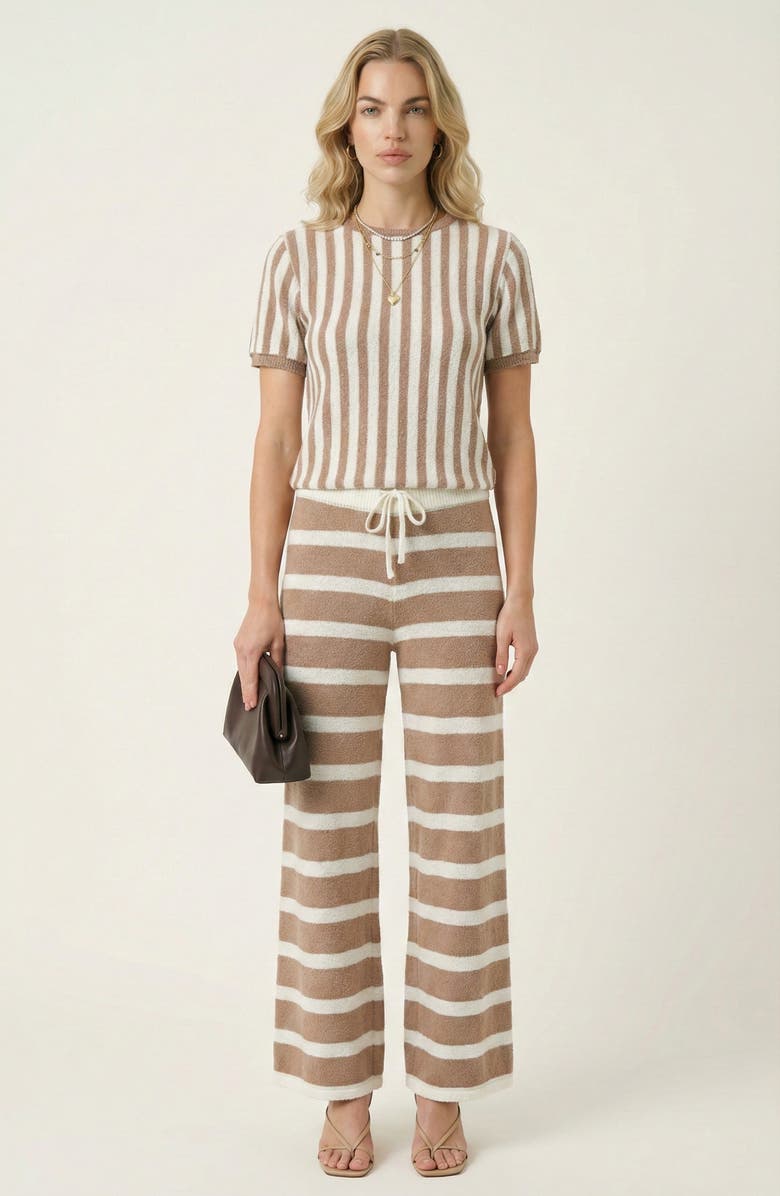 Modenaire Striped Short Sleeve Knit Top and Wide Leg Pants Lounge Set with Drawstring, Alternate, color, 