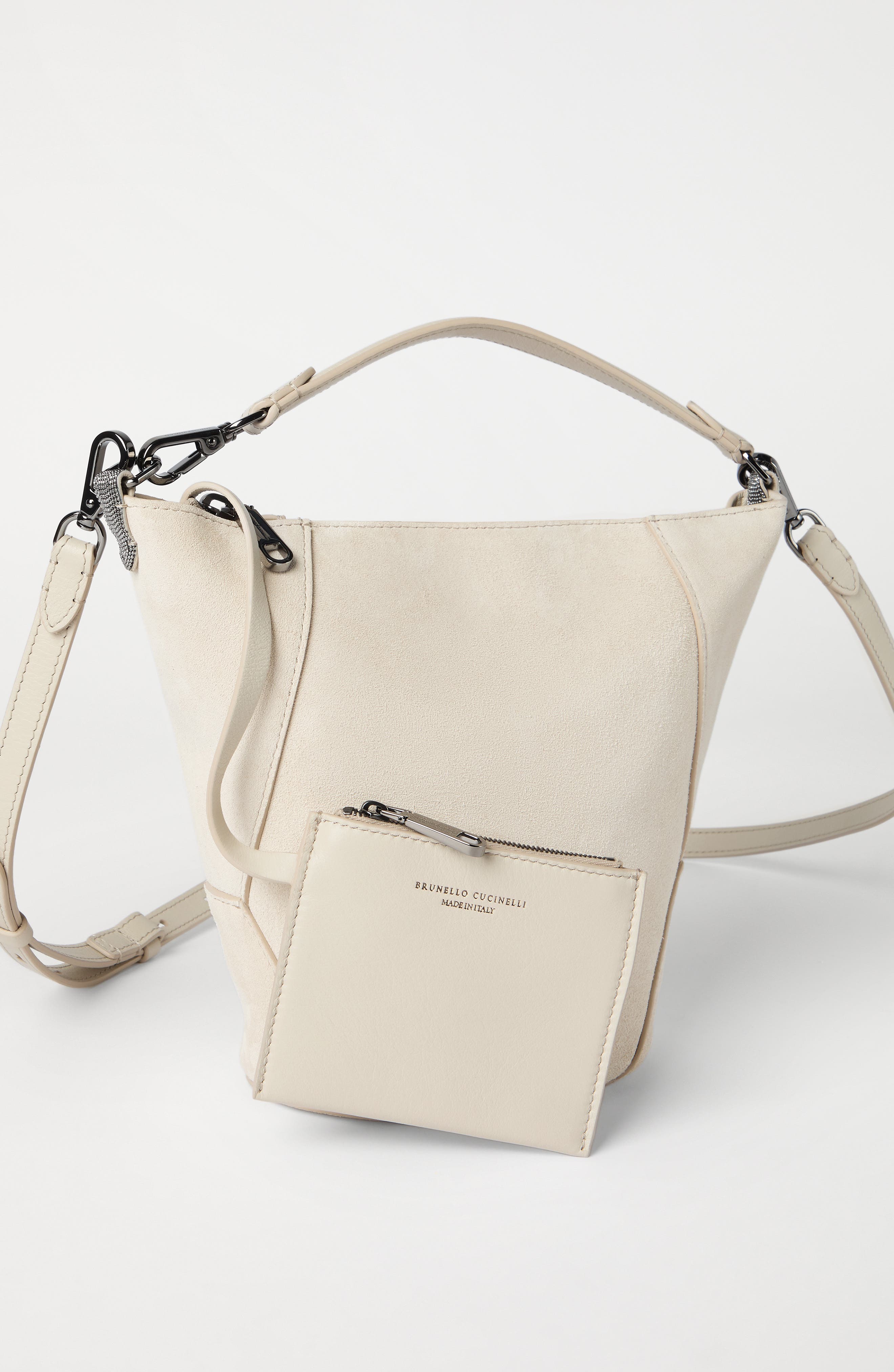 Brunello Cucinelli BC Duo bucket bag in suede, Alternate, color, Ivory