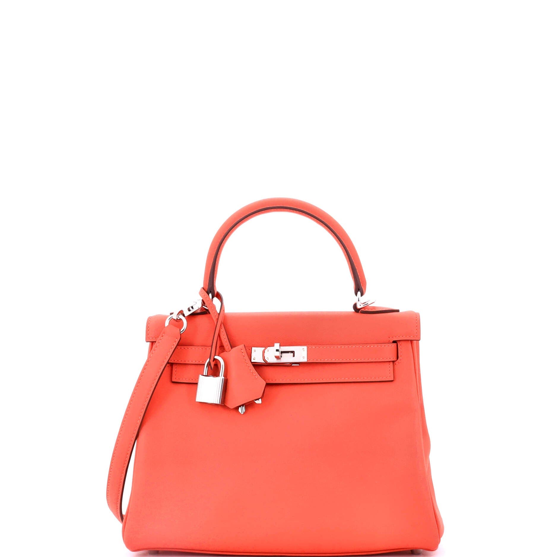 Pre-Owned Hermes Kelly Handbag Orange Swift with Palladium Hardware 25, Main, color, 