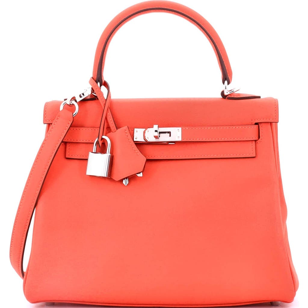 Pre-owned Hermes Hermes Kelly Handbag Orange Swift With Palladium Hardware 25 In Red
