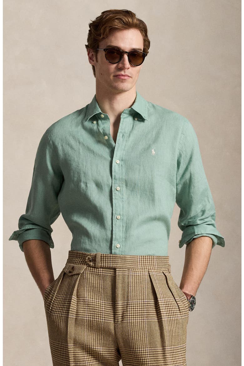 Classic Fit Linen Button-Down Shirt, Alternate, color, FADED MINT