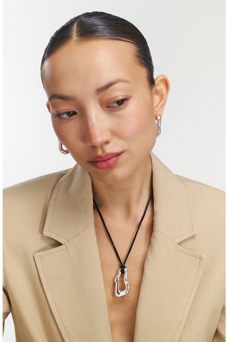 Dome Wavy Pendant with Black Cord, Alternate, color, Silver Plated