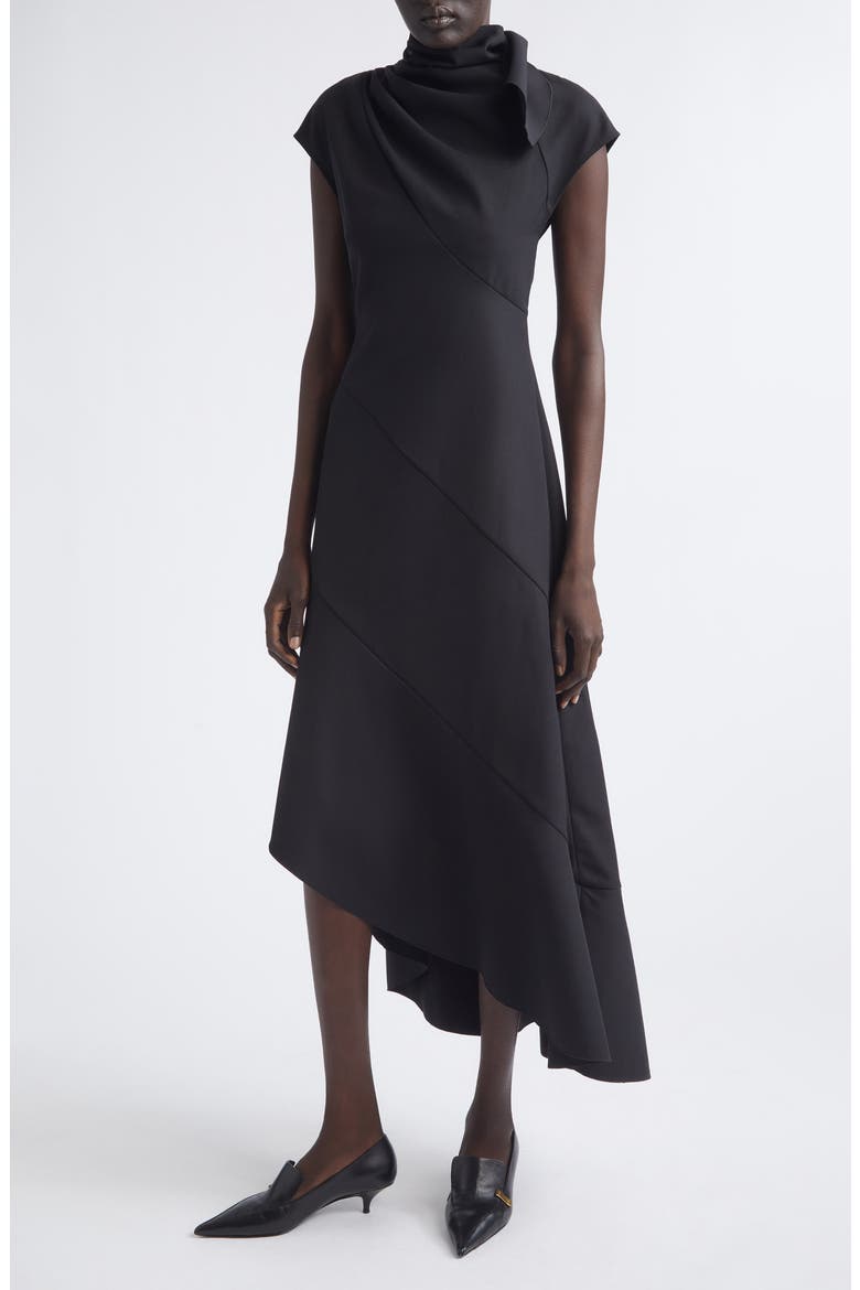 Elodine Asymmetric Tropical Wool Blend Dress, Main, color, BLACK